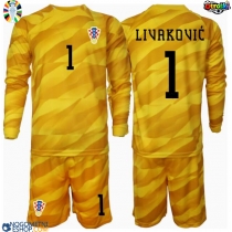 Otroški Nogometni dresi Hrvaška Dominik Livakovic #1 Vratar Domači EP 2024 Dolgi Rokav (+ Kratke hlače)